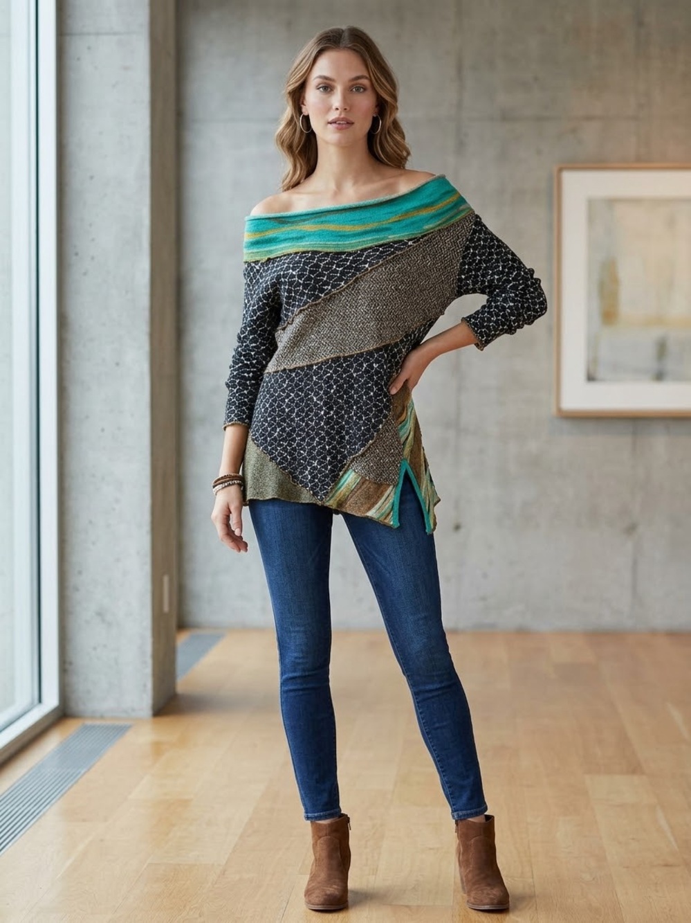 Feratelli Cowl Neck Patchwork Artsy Boho Mixed Media Tunic Large